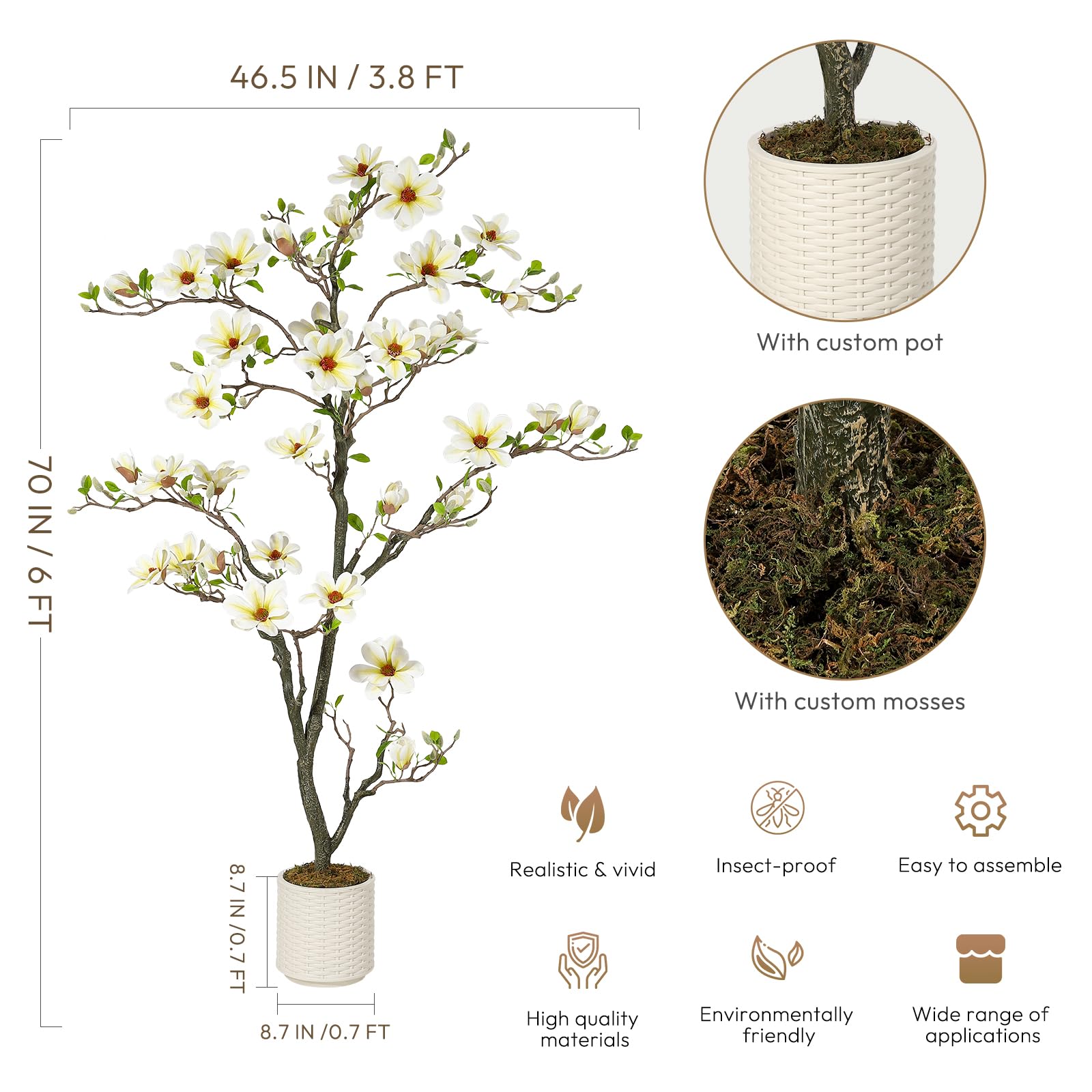 Magnolia artificiel Garvee de 1,8 m (6 pi) blanc avec branches ajustables pour une utilisation intérieure et extérieure, structure en métal, base stable