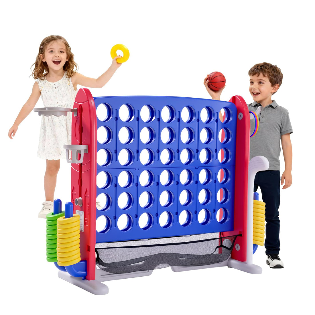 Système de jeu d'extérieur 3-en-1 Garvee Giant 4 Connect in a Row avec panier de basket et jeu de lancer d'anneaux, idéal pour les fêtes de famille, le jardin et la plage. Fabriqué en PE et PP, hauteur réglable et système de fixation rapide.