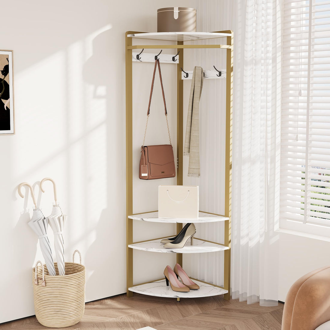 Armoire d'angle Garvee avec banc à chaussures, 6 crochets doubles, bois robuste, pour entrée et couloir, 180 cm, gain de place