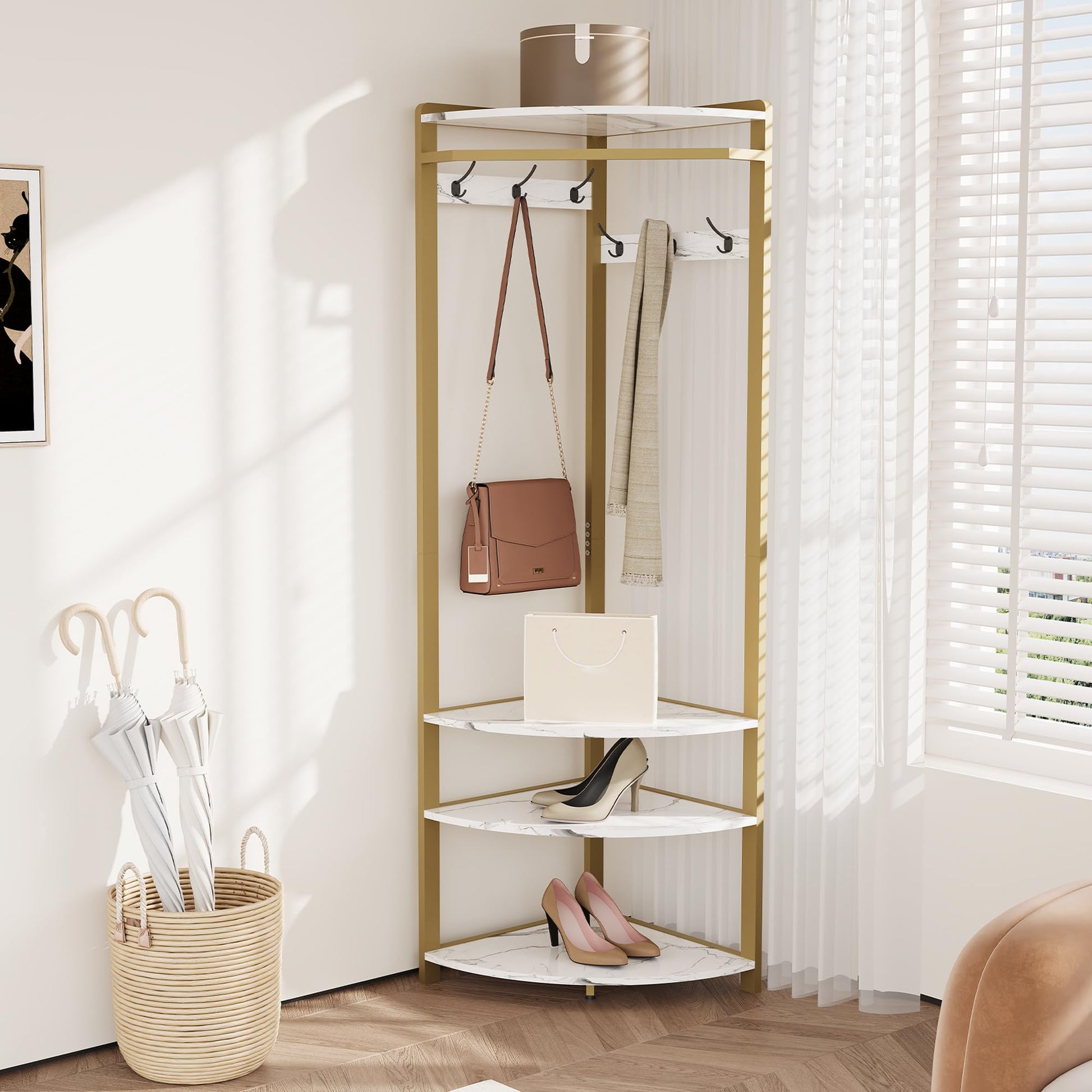 Armoire d'angle Garvee avec banc à chaussures, 6 crochets doubles, bois robuste, pour entrée et couloir, 180 cm, gain de place