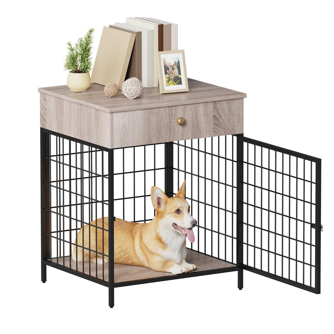 Meuble pour cage de rangement pour chien Garvee, structure en acier, résistant aux jouets à mâcher, avec tiroir, pour petits chiens, table d'appoint d'intérieur, 50 cm (L) x 58 cm (l) x 68 cm (H)