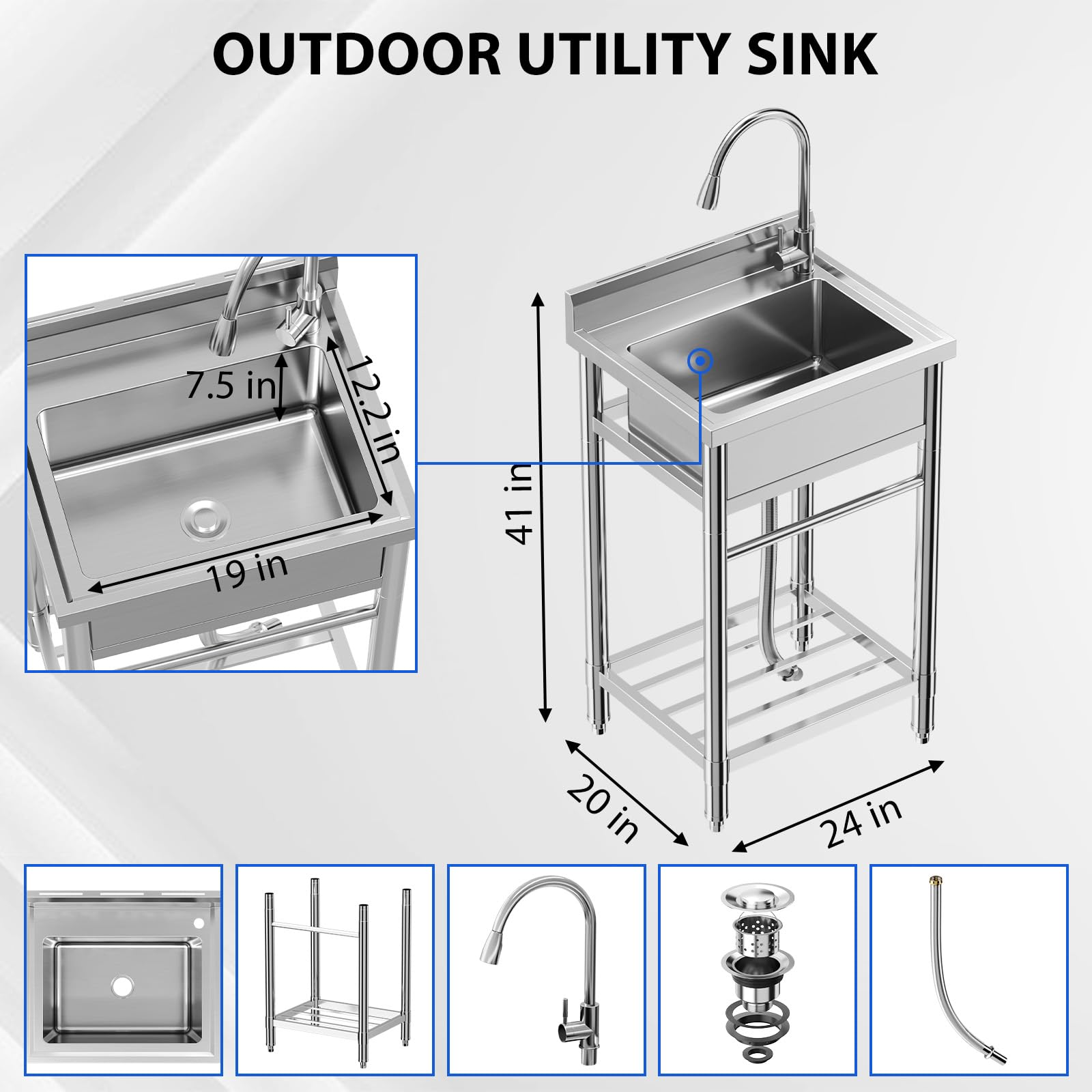 Garvee Évier sur Pied Inox 304 61 × 51 × 104 cm, Bac Unique avec Robinet Eau Chaude/Froide, Vidange Rapide, pour Cuisine et Usage Pro