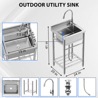 Garvee Évier sur Pied Inox 304 61 × 51 × 104 cm, Bac Unique avec Robinet Eau Chaude/Froide, Vidange Rapide, pour Cuisine et Usage Pro