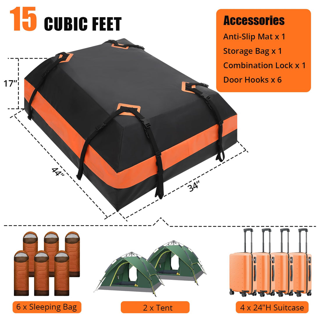 Sacoche de toit Garvee pour voiture, 425 litres (15 pieds cubes), étanche, avec 8 sangles renforcées, compatible avec tous les véhicules, idéale pour les voyages, dimensions : L 112 x l 86 x H 43 cm (44 x 34 x 17 pouces), noire.