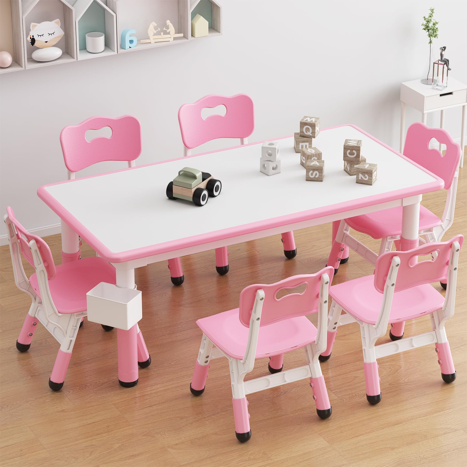 Ensemble table et 6 chaises pour enfants Garvee avec rangement, hauteur réglable, plateau à motifs graffiti, pieds antidérapants, table d'activités pour la maison et la maternelle.