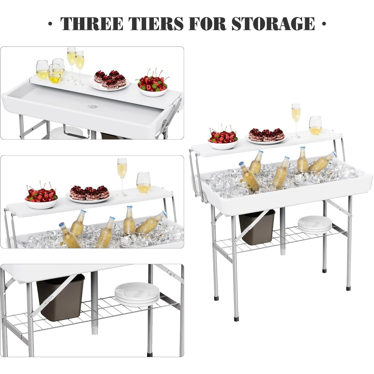 Table glacière pliable Garvee avec système d'évacuation, bac à glaçons à deux niveaux, portable pour les fêtes et le camping, 103 x 56 x 100 cm, en PEHD