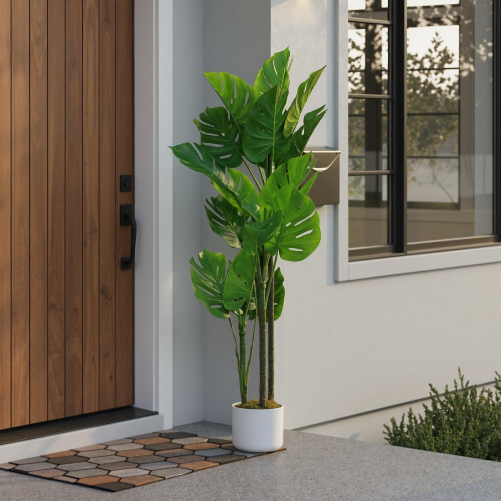 Monstera artificiel Garvee, 1,1 m, résistant aux UV, pot en ciment stable, sans entretien, décoration intérieure pour salon ou bureau, vert