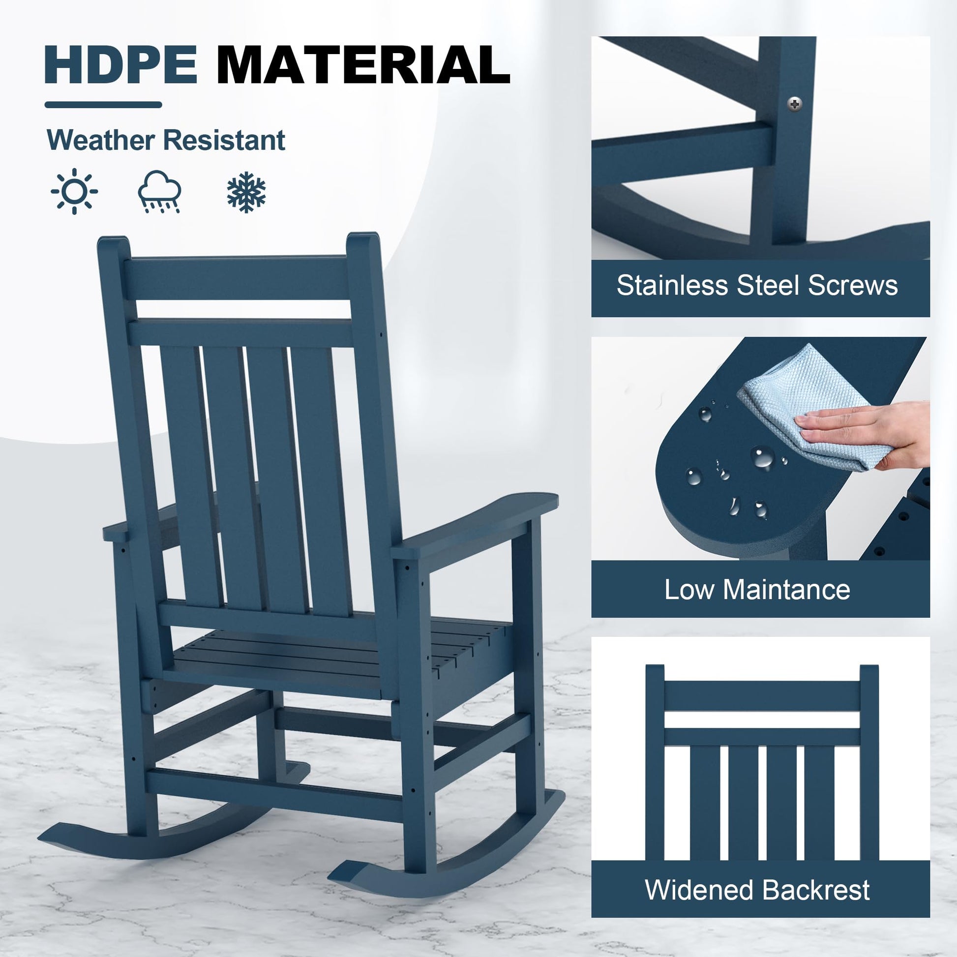 Garvee Fauteuil à bascule d’extérieur en HDPE bleu marine, assise large avec accoudoirs spacieux, résistant aux intempéries, pour jardin et porche