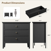 Commode Garvee noire cannelée à 3 tiroirs, design moderne cannelé, MDF P2, blanc, 80 cm (L) x 75 cm (H), idéale pour la chambre et le couloir.