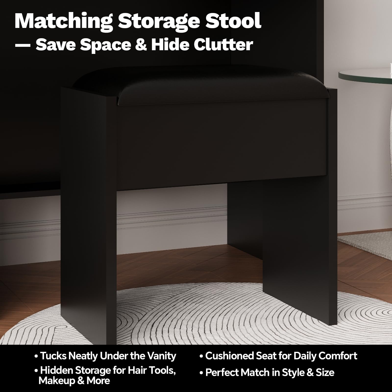 GARVEE Coiffeuse avec miroir LED et tabouret rembourré, 3 modes d’éclairage, station de charge intégrée et rangement, pour chambre moderne, noir