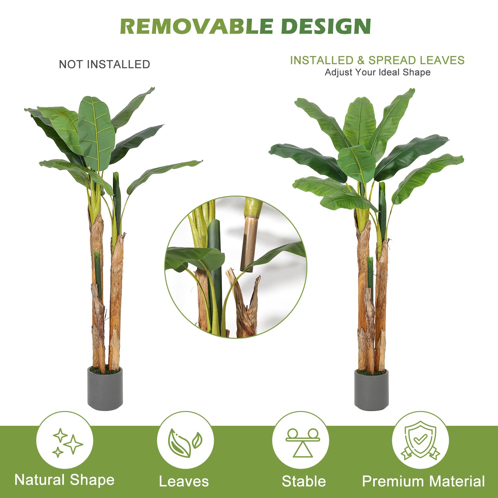 Bananier artificiel Garvee de 1,5 m avec 11 feuilles en polyéthylène, pot en ciment, gris, pour la maison et le bureau