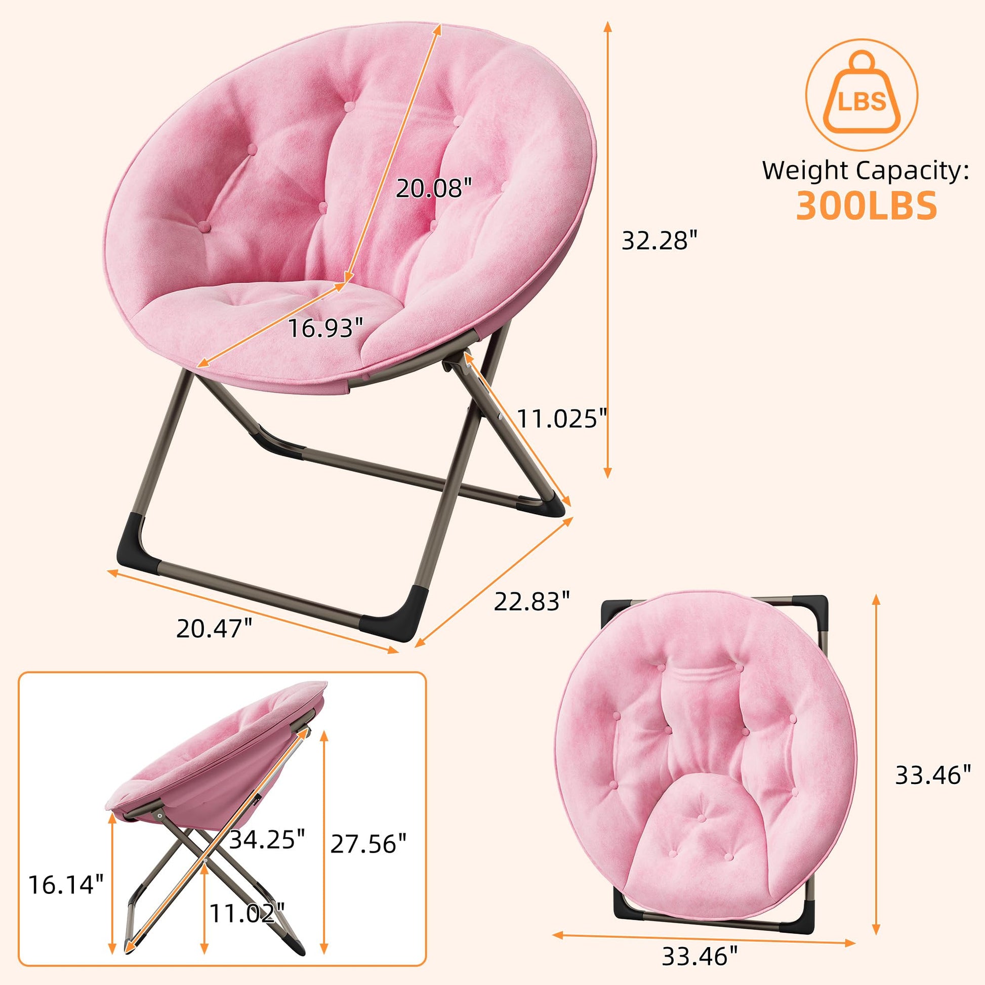 Fauteuil rond Garvee en fausse fourrure, style lune, avec structure métallique pliable, idéal pour la chambre et le salon. Assise surdimensionnée en peluche à motifs floraux. Robuste, léger et confortable.