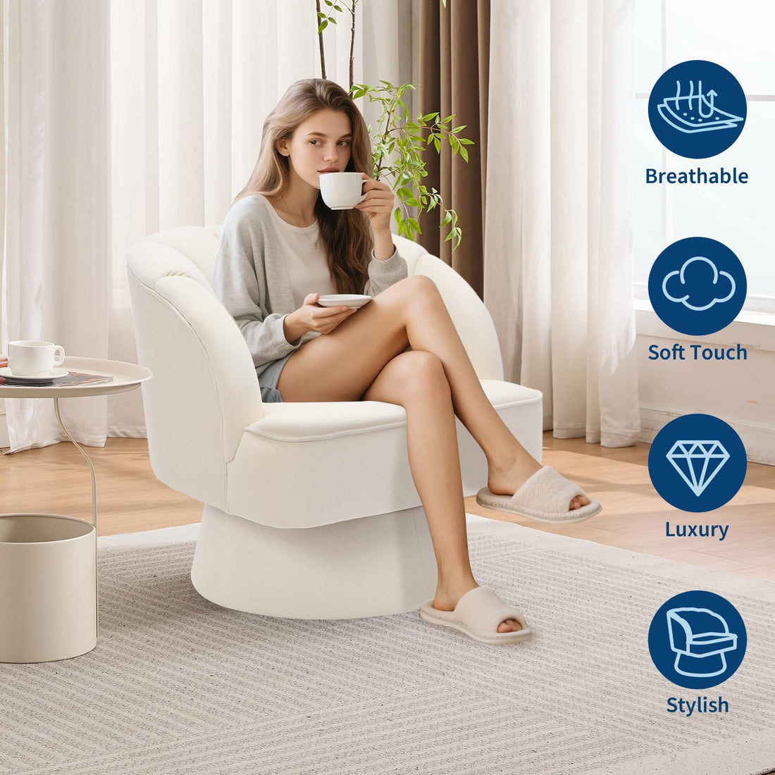 Garvee Fauteuil pivotant moderne en velours beige, rotation 360°, design confortable pour salon, chambre ou coin détente.
