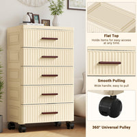 Garvee Meuble de rangement multifonctionnel à 5 tiroirs, roulettes, plastique, couleur crème, 48cm, pour chambre et salon