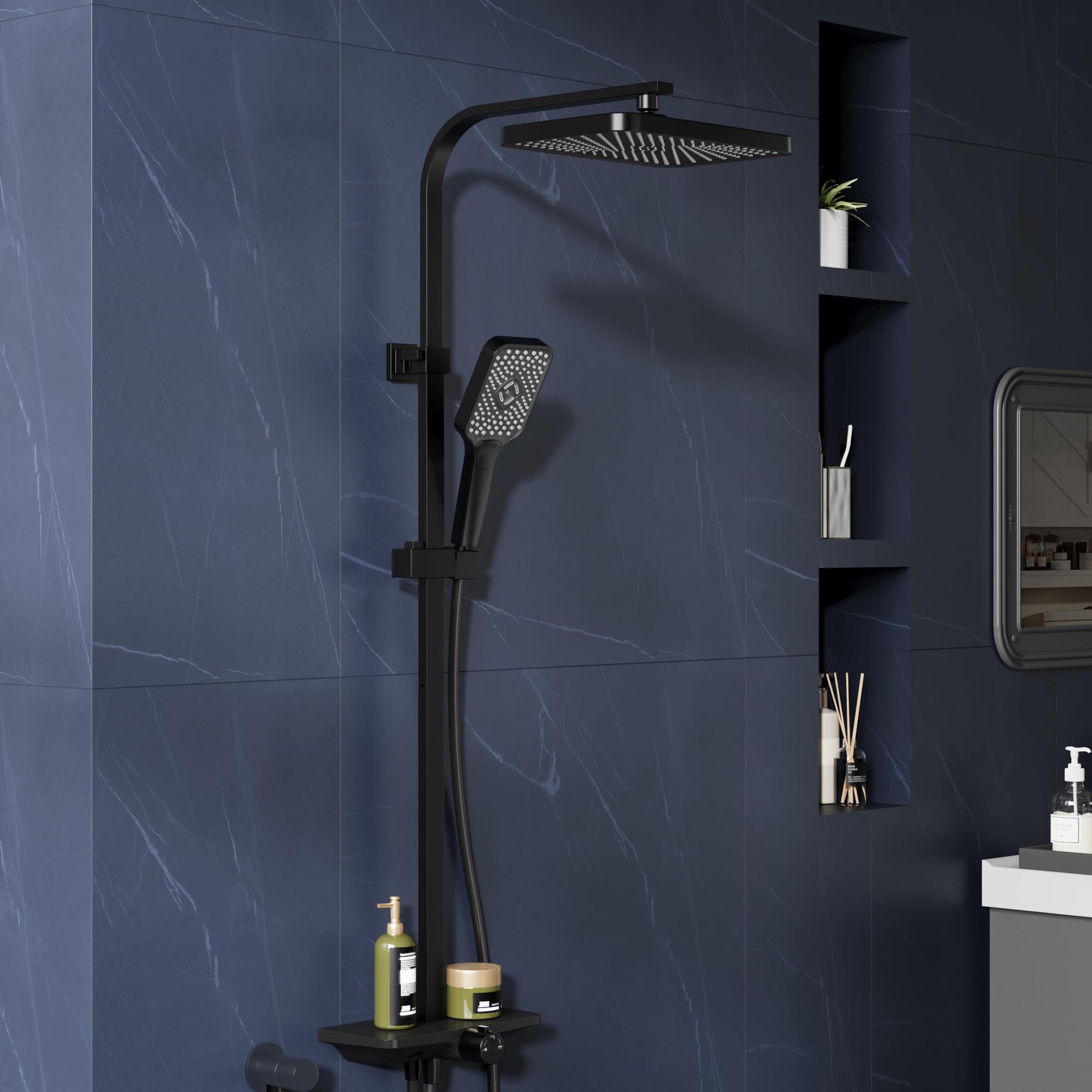 Colonne de douche GARVEE à effet pluie sans robinet avec étagère – Colonne de douche réglable en acier inoxydable noir 30 x 20,5 cm