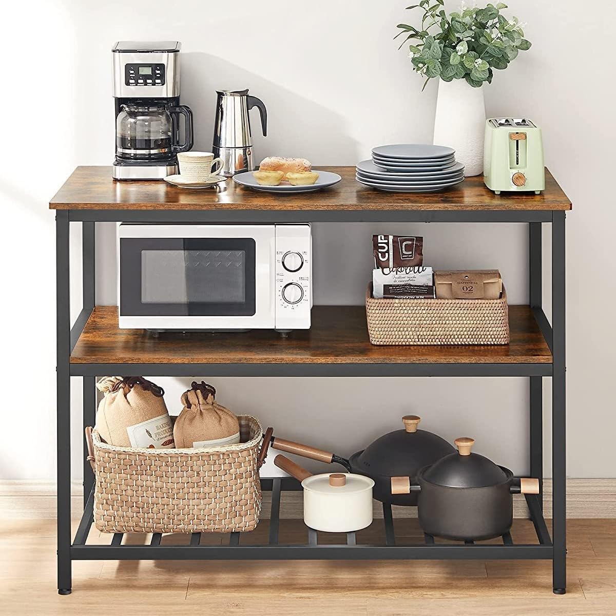 Garvee étagère de cuisine à 3 niveaux avec grand plan de travail, structure robuste en acier, style industriel, 120 × 60 × 90 cm, marron rustique