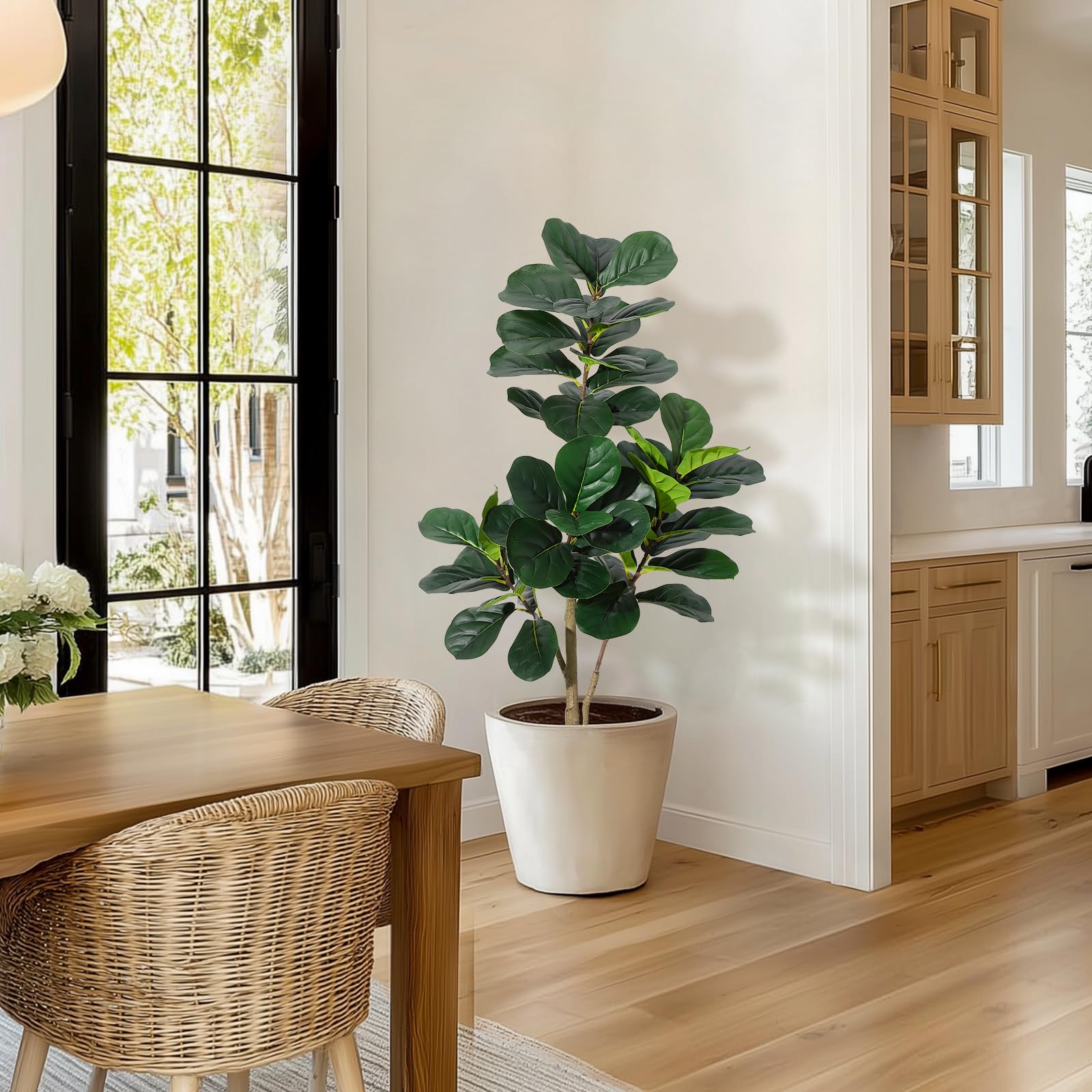 Ficus lyrata artificiel Garvee de 120 cm (4 pi) avec 48 feuilles, pot blanc de 20 cm (7,8 po), base en ciment robuste pour salon et bureau