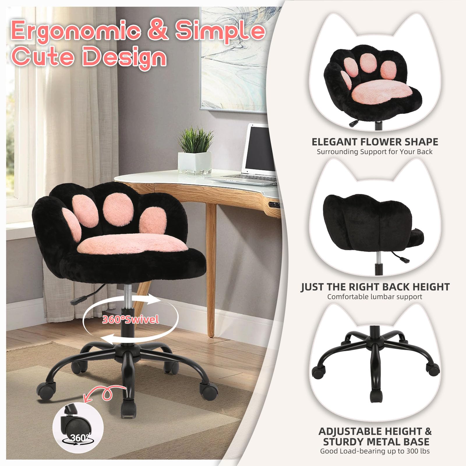 Chaise de coiffeuse Garvee à roulettes, pivotante à 360°, réglable en hauteur, en polaire douce, motif patte de chat, idéale pour la chambre et le bureau, renforcée en nylon, confortable