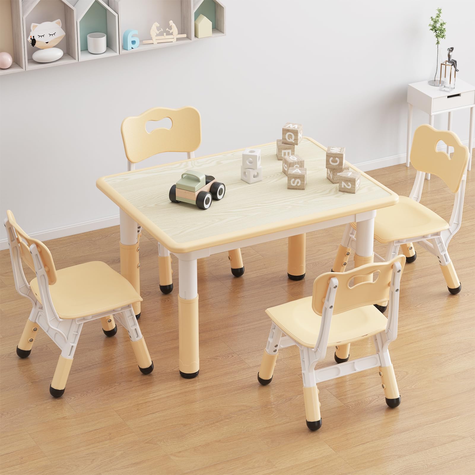 Table enfant Garvee réglable en hauteur avec 4 chaises, idéale pour les salles de classe, les jardins d'enfants et les maisons. Hauteur réglable de 48 à 60 cm. Motif graffiti.