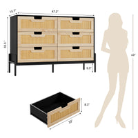 Garvee commode en rotin naturel à 6 tiroirs, pieds en bois et métal, idéale pour la chambre et le salon, imperméable et résistante