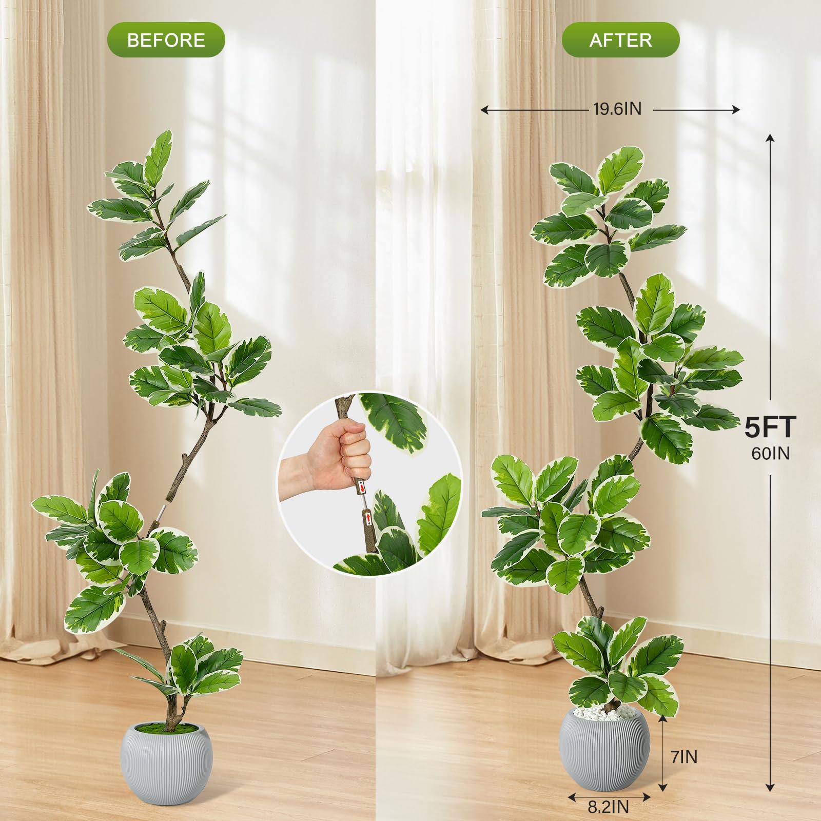 Ficus lyrata artificiel Garvee 1,5 m avec pot sphérique, vert, 47 feuilles, pour salon ou bureau