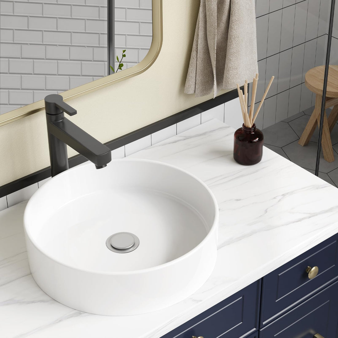 Lavabo rond Garvee 45,7 x 45,7 cm en céramique blanche moderne émaillée résistante aux rayures pour salle de bain et bar