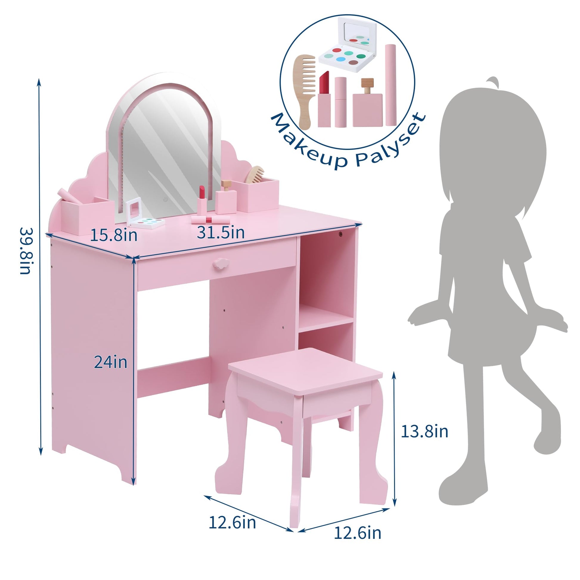 Garvee Coiffeuse Enfant Rose avec Miroir Lumineux et Tabouret, Grand Rangement, LED Réglable, MDF Sûr, pour Filles 3-9 Ans