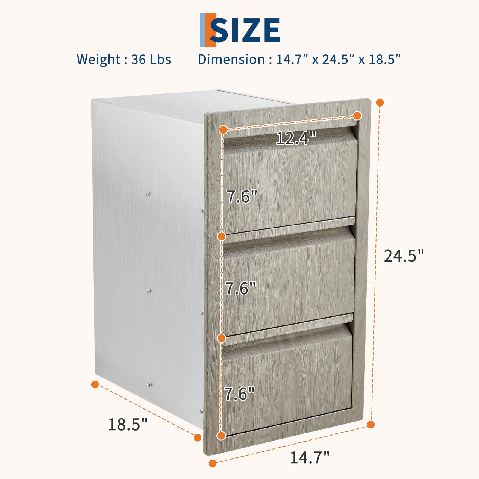 Tiroirs de cuisine extérieure Garvee en acier inoxydable, 3 niveaux, résistants aux intempéries avec poignées, pour barbecue, îlot de terrasse, 37,3 cm x 47 cm x 62,2 cm, argent
