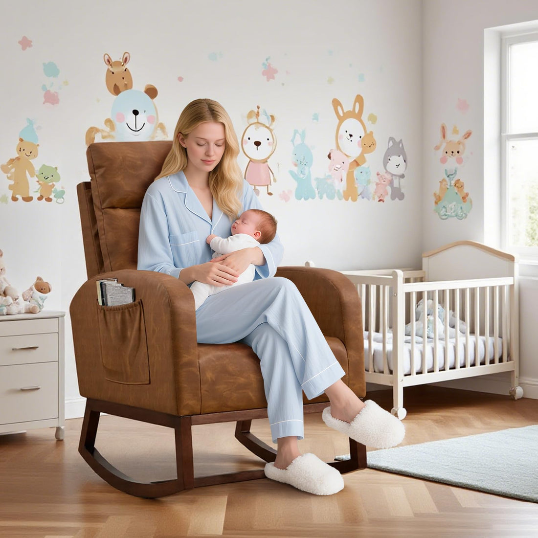 Garvee Fauteuil à Bascule pour Chambre de Bébé, Dossier Haut, Poches Latérales, Pieds en Bois d’Hévéa, Tissu Effet Laine d’Agneau, Coussin en Mousse à Mémoire de Forme, Marron