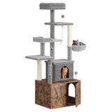 Garvee Meuble Cache Litière Chat 2-en-1 avec Arbre à Chat et Espace Litière, Design en Bois Rustique Marron, Gain de Place pour Intérieur - Marron