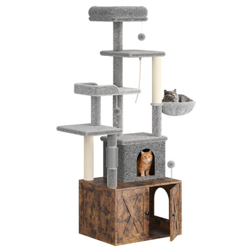 Meuble pour chat Garvee 2-en-1 avec arbre à chat et cachette pour litière, bois moderne, brun rustique, usage intérieur, gain de place, confortable