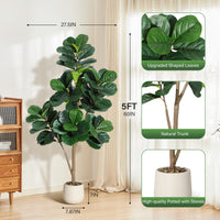 Ficus lyrata artificiel Garvee de 1,5 m avec pot blanc pour la décoration du salon, PVC+PE, base stable en ciment, 77 feuilles réalistes