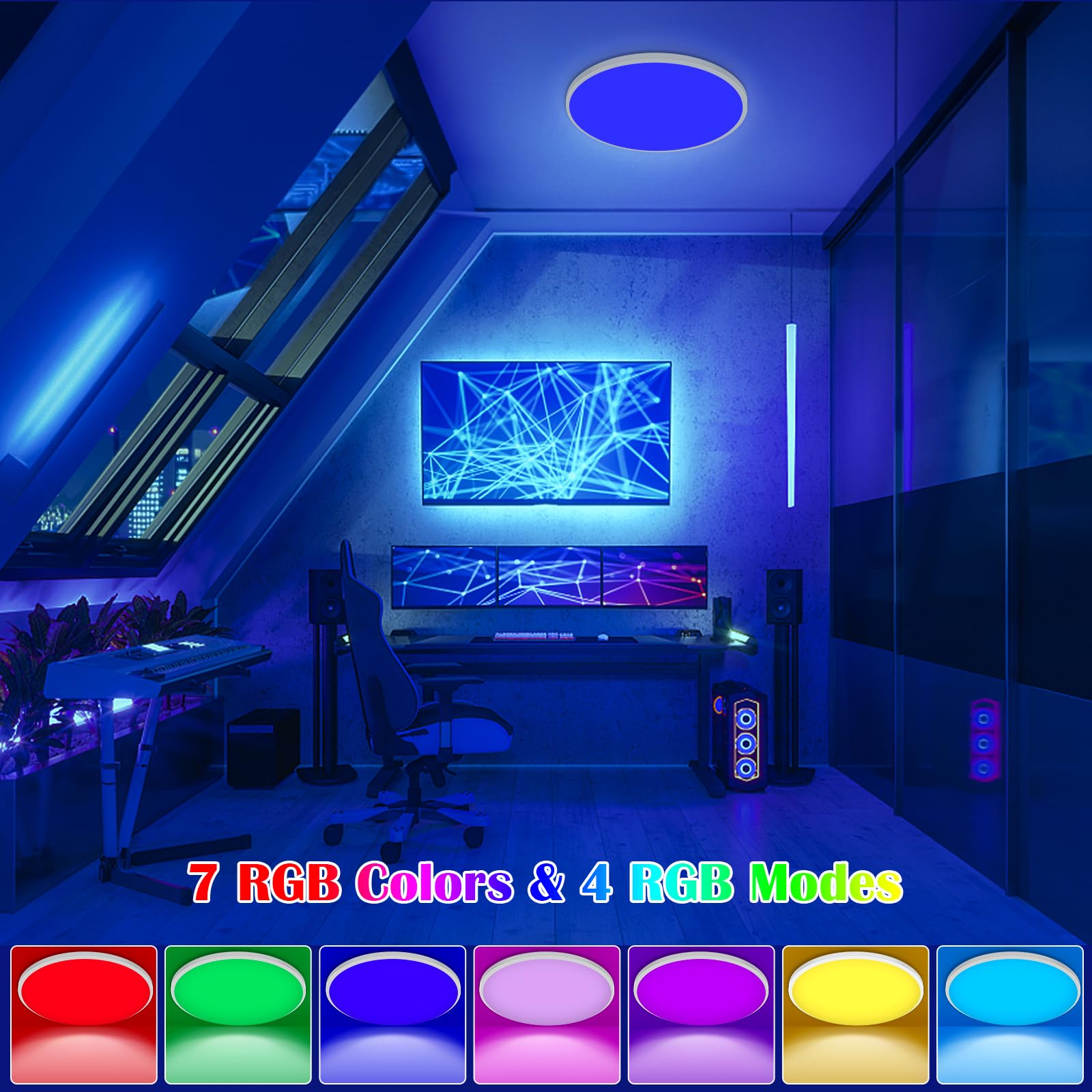 Plafonnier LED GARVEE, intensité variable, 24 W RGBW, 1800 lm, couleurs changeantes, télécommande, écoénergétique, design moderne, rond plat Ø 30 cm, salon, chambre