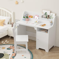 Bureau enfant Garvee blanc avec chaise, en bois, avec rangement et design ergonomique, idéal pour les chambres d'enfants de 3 à 8 ans.