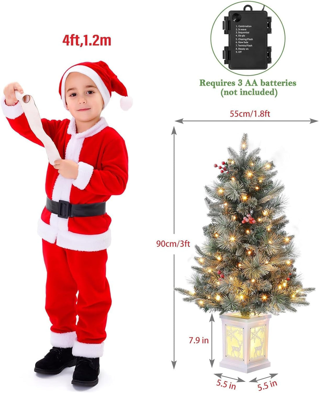 Sapin de Noël artificiel Garvee de 90 cm – 78 DEL, 8 modes, fibre optique, base en forme d'élan, effet givré