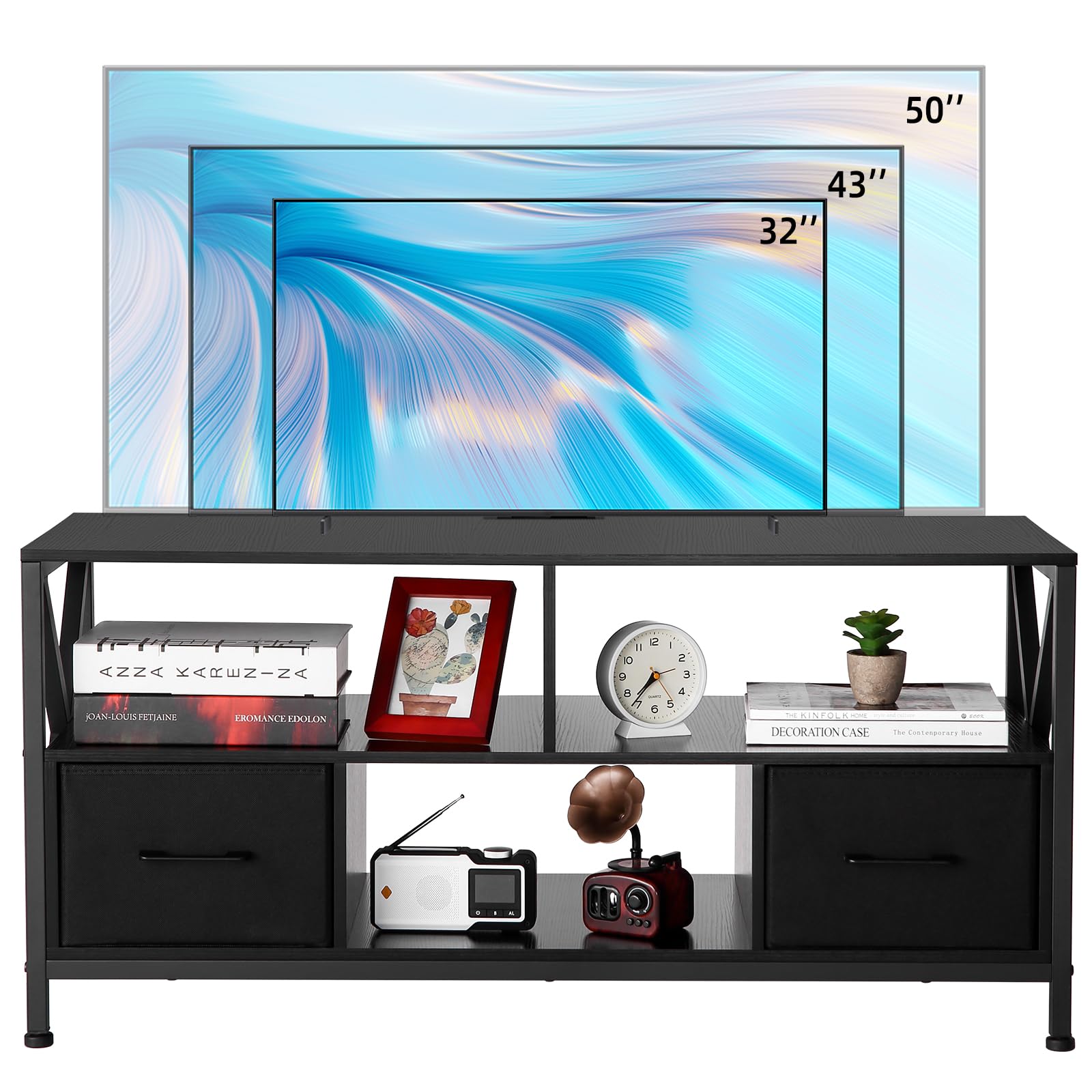 Meuble TV Garvee pour téléviseurs jusqu'à 50 pouces, avec 2 tiroirs en tissu et des étagères ouvertes, structure en acier, design moderne, noir, polyvalent.