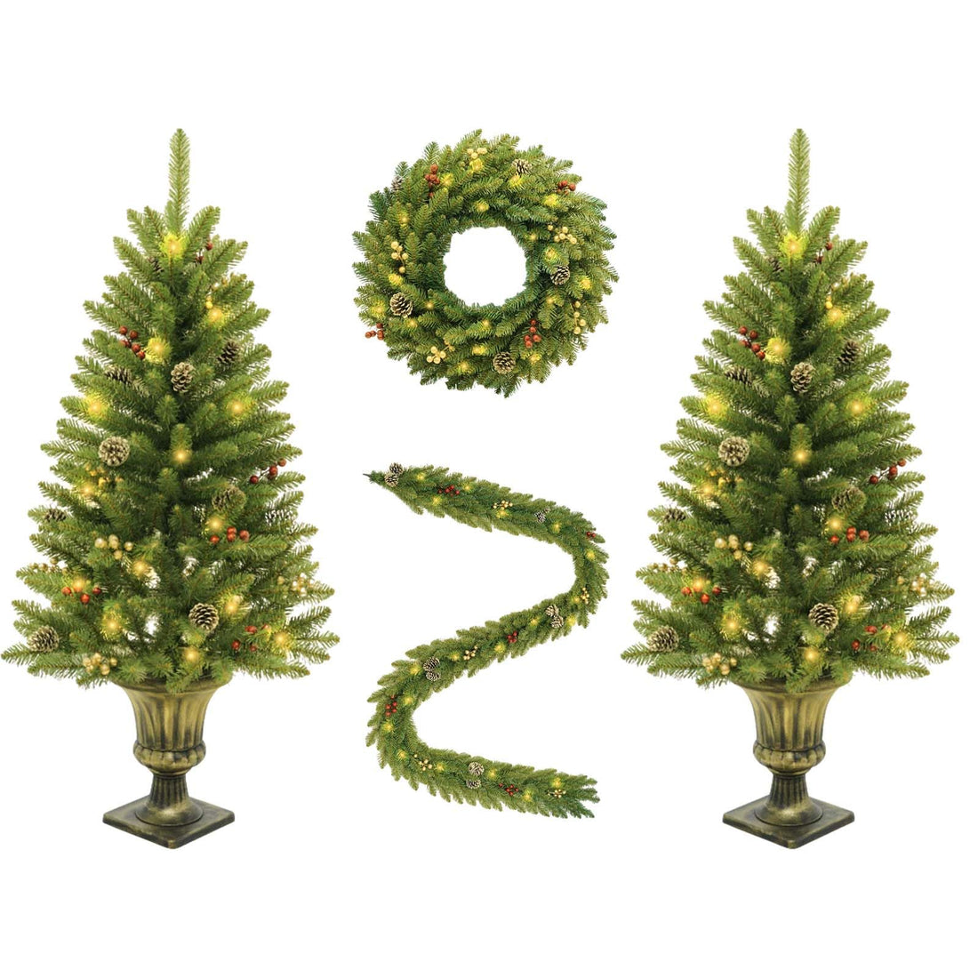 Ensemble sapin de Noël Garvee, 4 pièces avec éclairage LED - 2 sapins de 120 cm, une couronne et une guirlande pour une décoration festive
