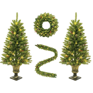 Ensemble sapin de Noël Garvee, 4 pièces avec éclairage LED - 2 sapins de 120 cm, une couronne et une guirlande pour une décoration festive
