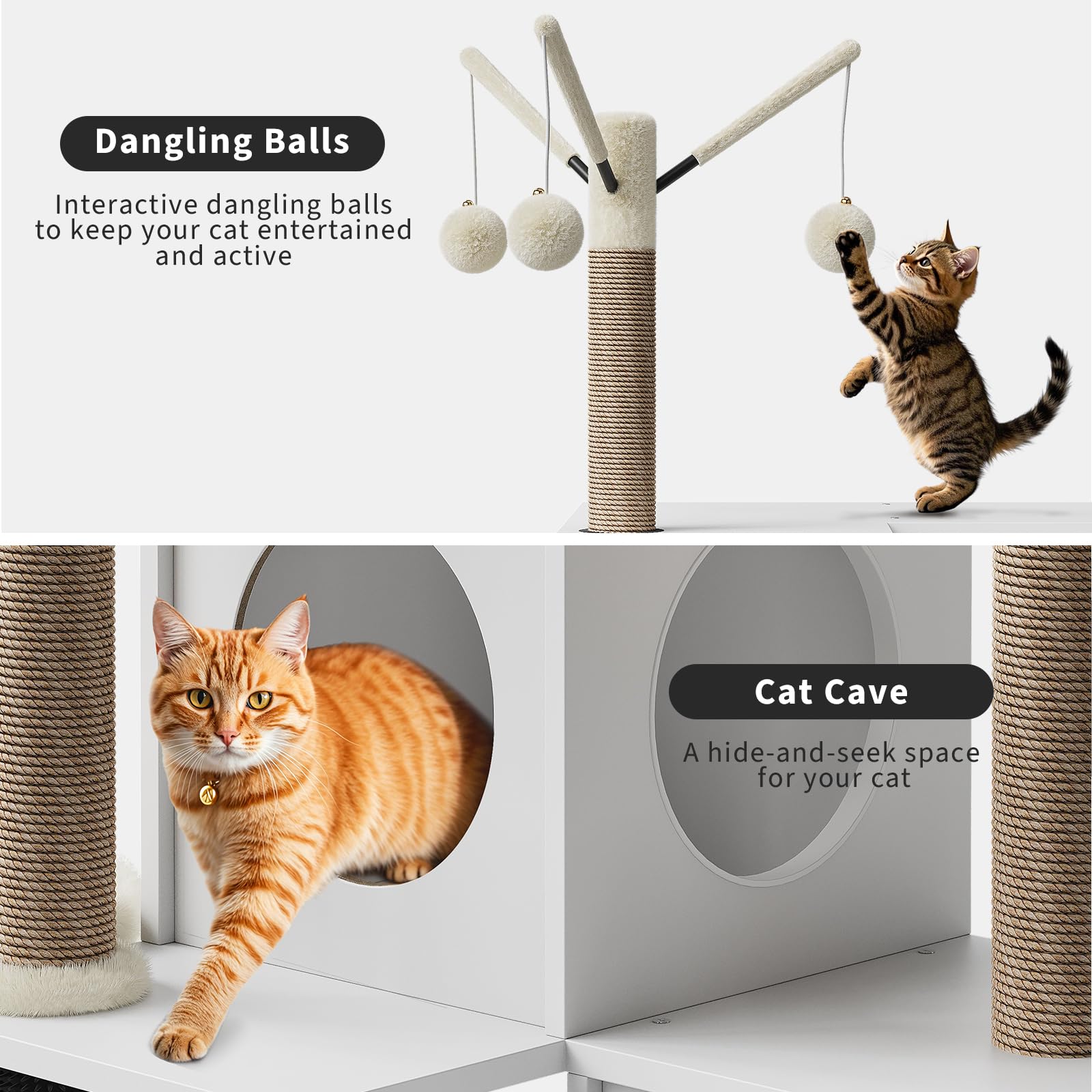 Meuble pour chat Garvee 2-en-1 avec bac à litière et griffoir en sisal pelucheux, plusieurs niveaux, style moderne, idéal pour le salon.