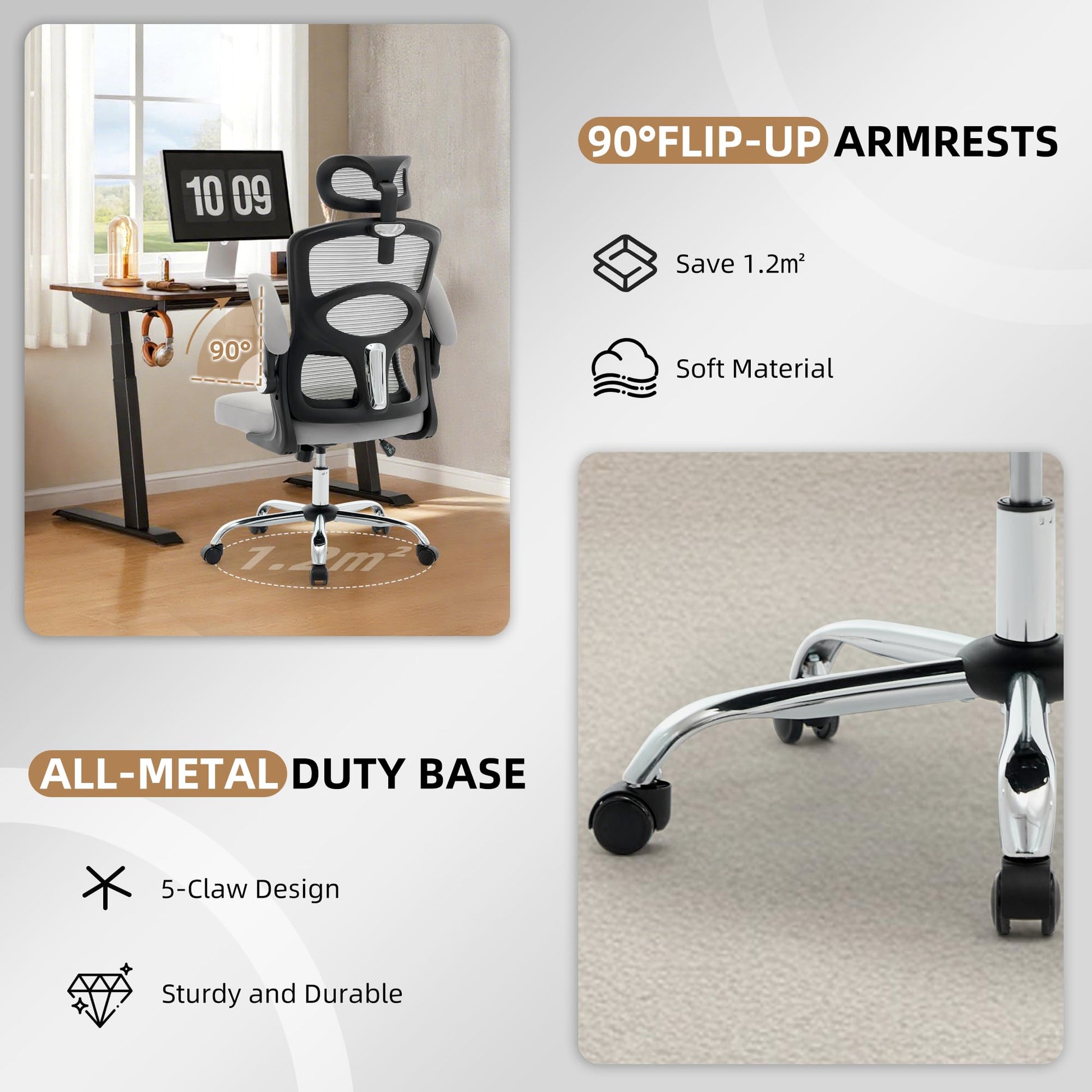 Chaise de bureau ergonomique Garvee en maille avec roulettes, appui-tête réglable pour le bureau et le gaming, noire, pivotante à 360° pour un confort optimal.