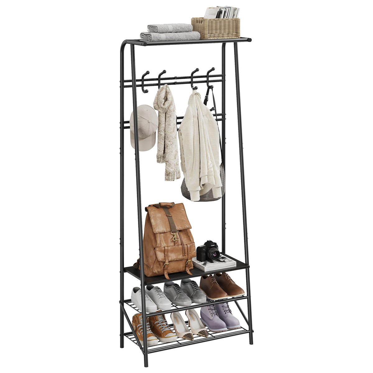 Garvee Porte-manteau et banc à chaussures 4 en 1, structure en métal et aspect bois – Rangement pour couloir, entrée et salon
