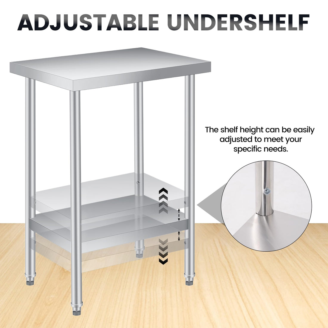 Garvee table de travail inox 61 × 30,5 cm sans roulettes, avec étagère inférieure réglable
