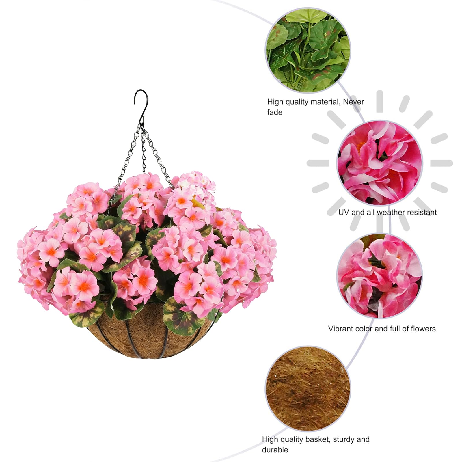 Garvee Ensemble de 12 géraniums artificiels roses, résistants aux intempéries, à suspendre, pour jardin et terrasse, panier marron