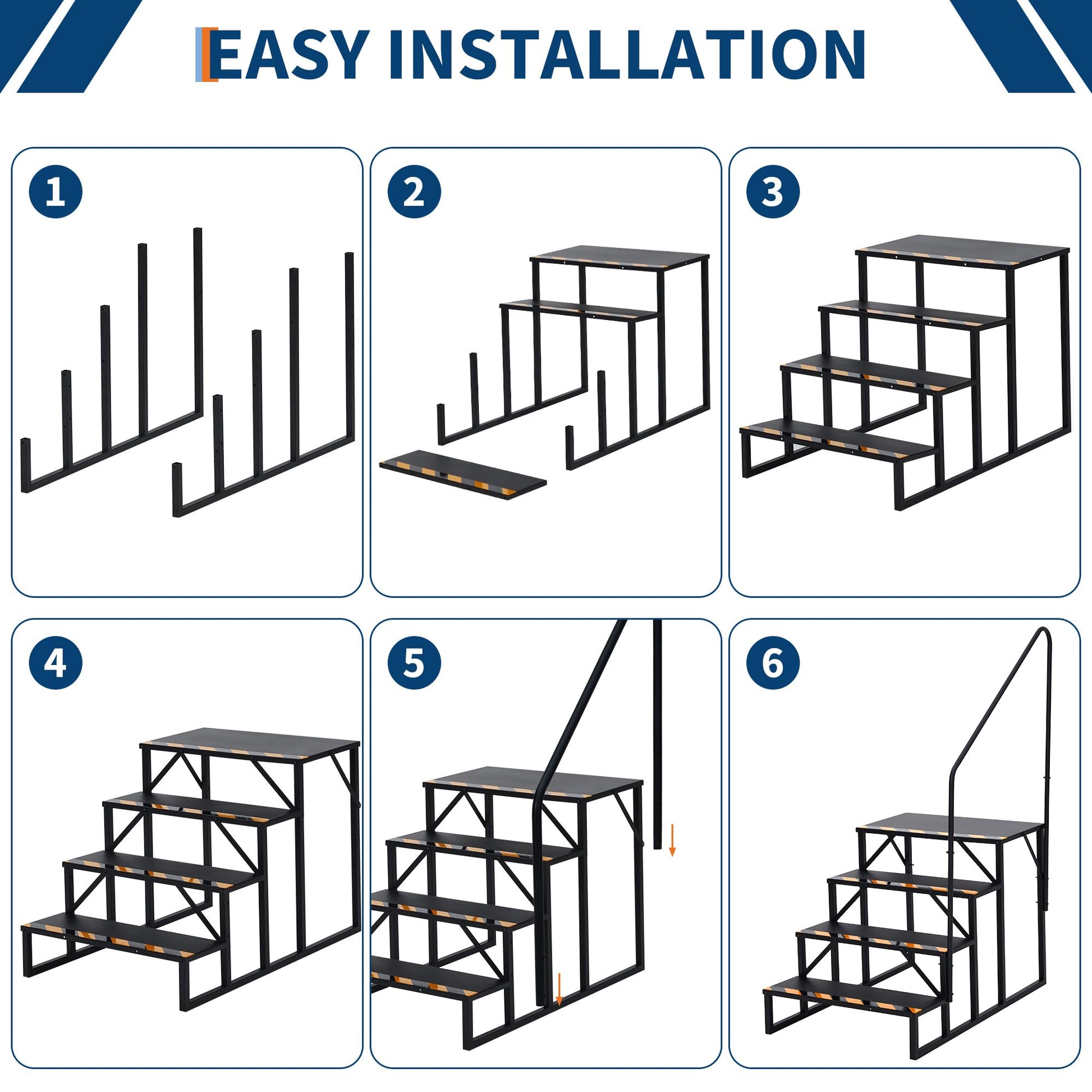Escalier 4 marches pour camping-car avec rampe – antidérapant et portable, en acier thermolaqué noir