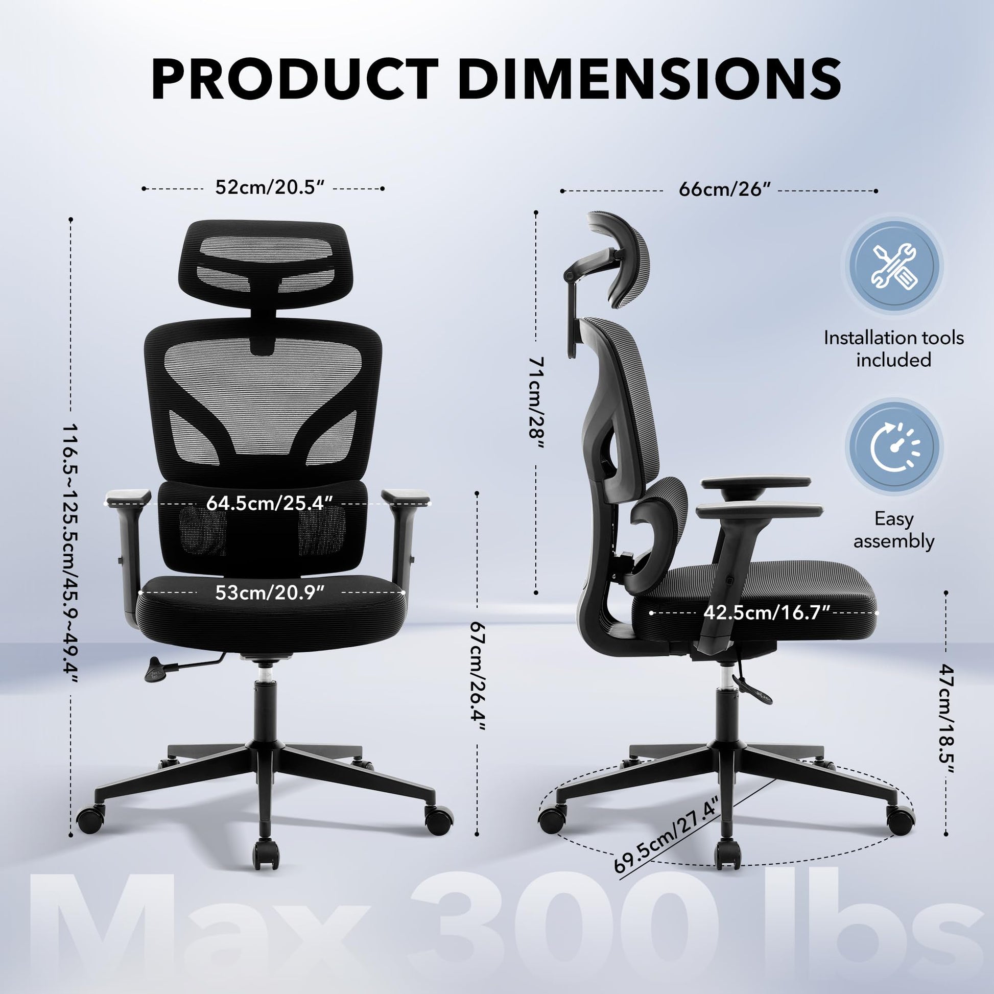Chaise de bureau ergonomique Garvee en maille avec soutien lombaire réglable, accoudoirs 3D, structure en métal, dossier haut, pivotante, pour bureau et télétravail, noire