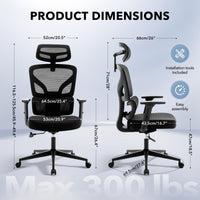 Chaise de bureau ergonomique Garvee en maille avec soutien lombaire réglable, accoudoirs 3D, structure en métal, dossier haut, pivotante, pour bureau et télétravail, noire