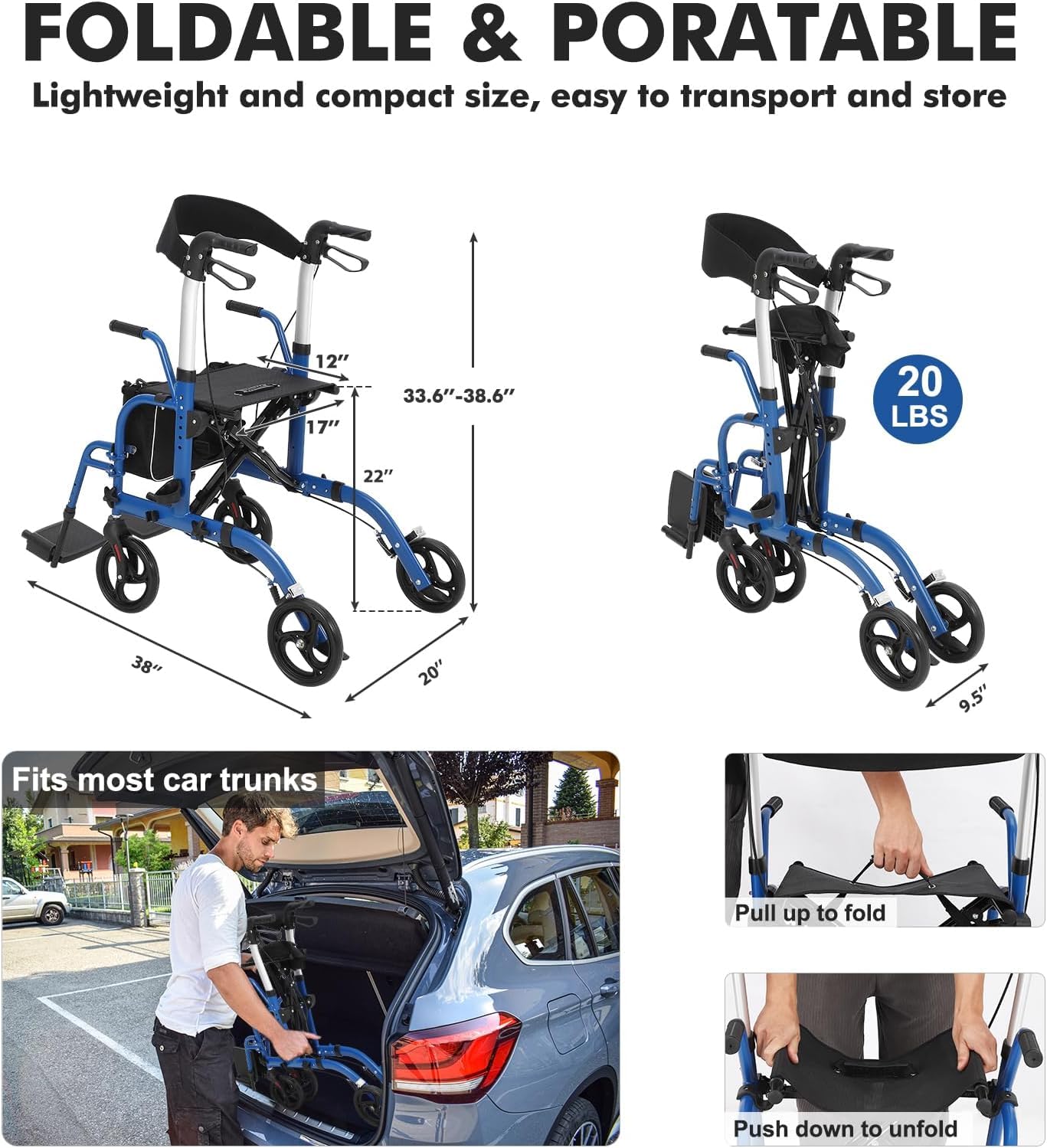 Garvee Rollator 2 en 1 pour seniors, aluminium pliable, roues anti-crevaison 25 cm, accoudoirs et repose-pieds amovibles, intérieur/extérieur, bleu et noir