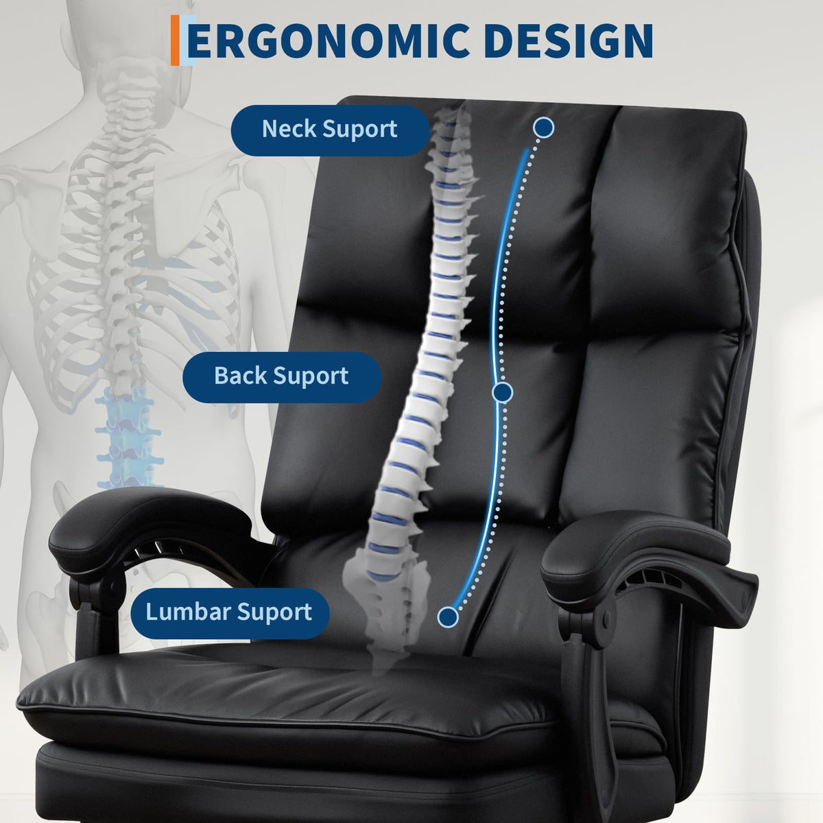 Chaise de bureau Garvee en cuir PU, ergonomique et réglable, avec repose-pieds, structure en métal et pivotement à 360°, idéale pour la maison, le bureau et les jeux vidéo (noir).