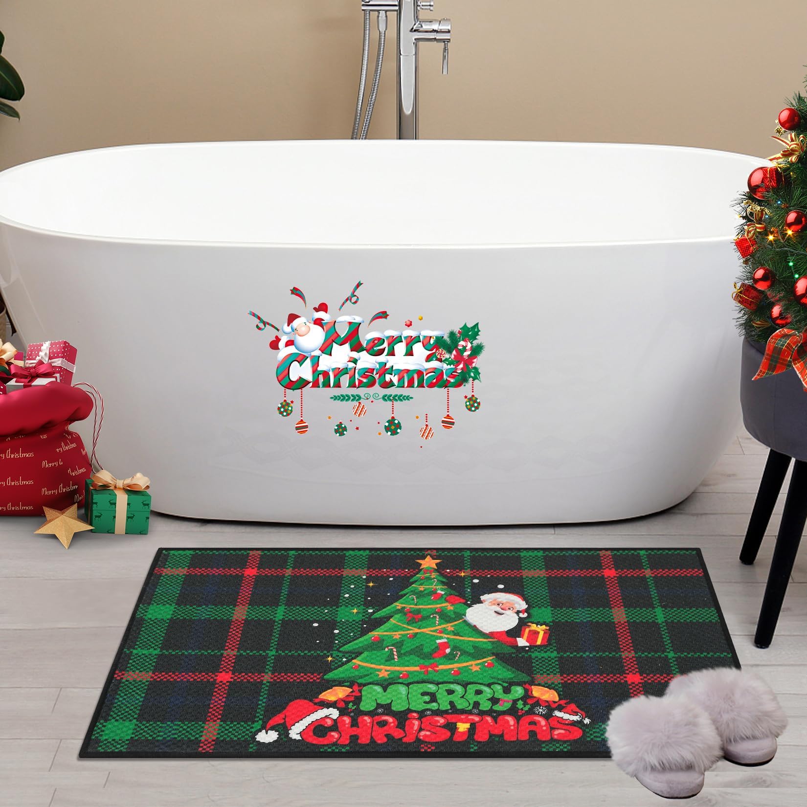 Tapis de Noël antiséquoia Garvee Zerbino Natalizio avec sapin et Père Noël, aspect lin polyester, 40 x 80 cm, pour intérieur et extérieur, rouge et vert