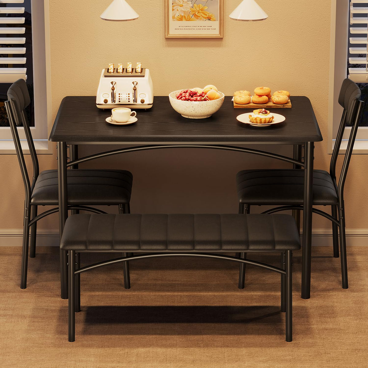 Garvee Ensemble table à manger pour 4 personnes, table rectangulaire avec banc et chaises rembourrés, MDF et acier, gain de place, montage facile, petits espaces